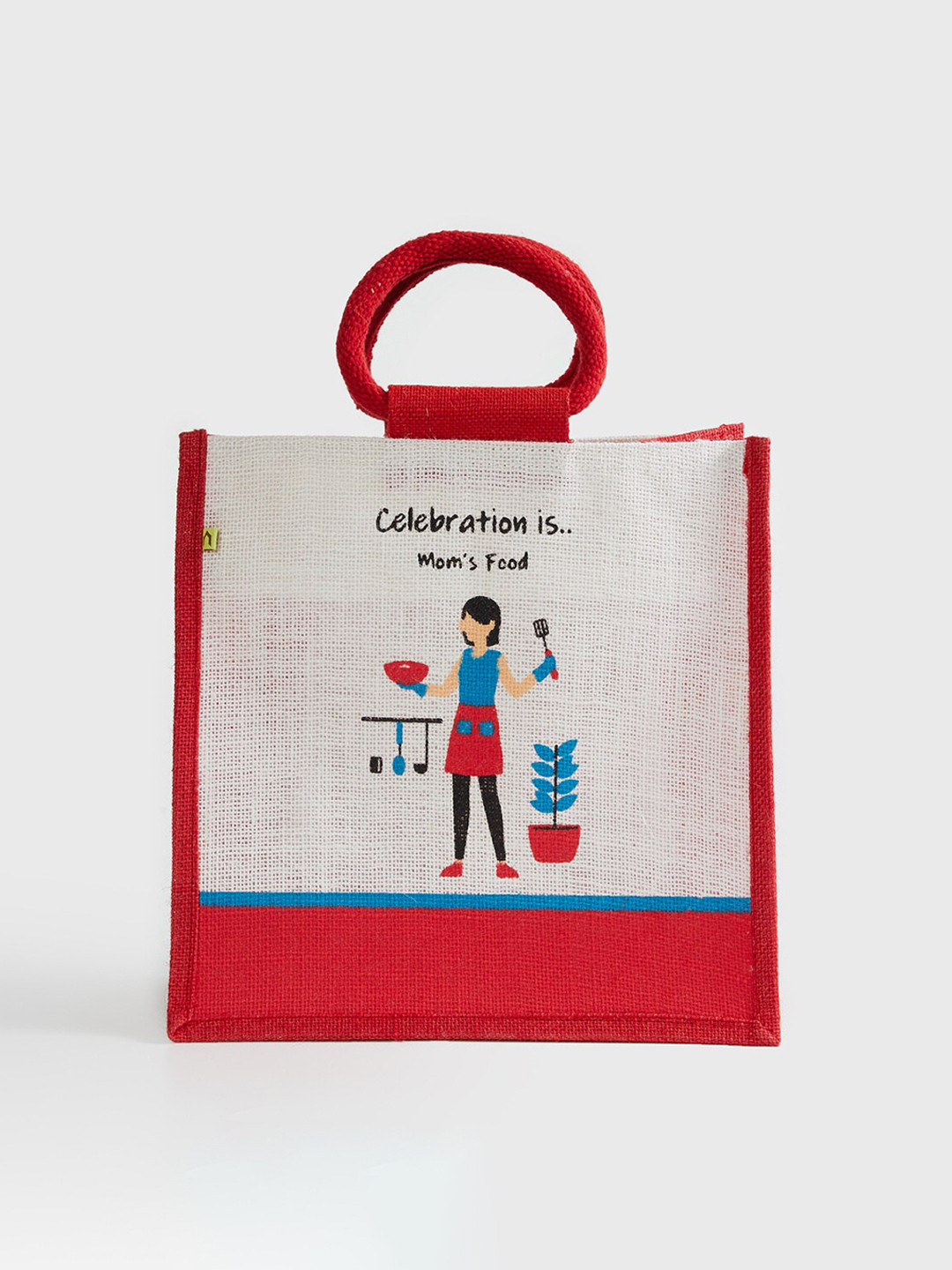 

Home Centre Livia White and Red Printed Jute Lunch Bag