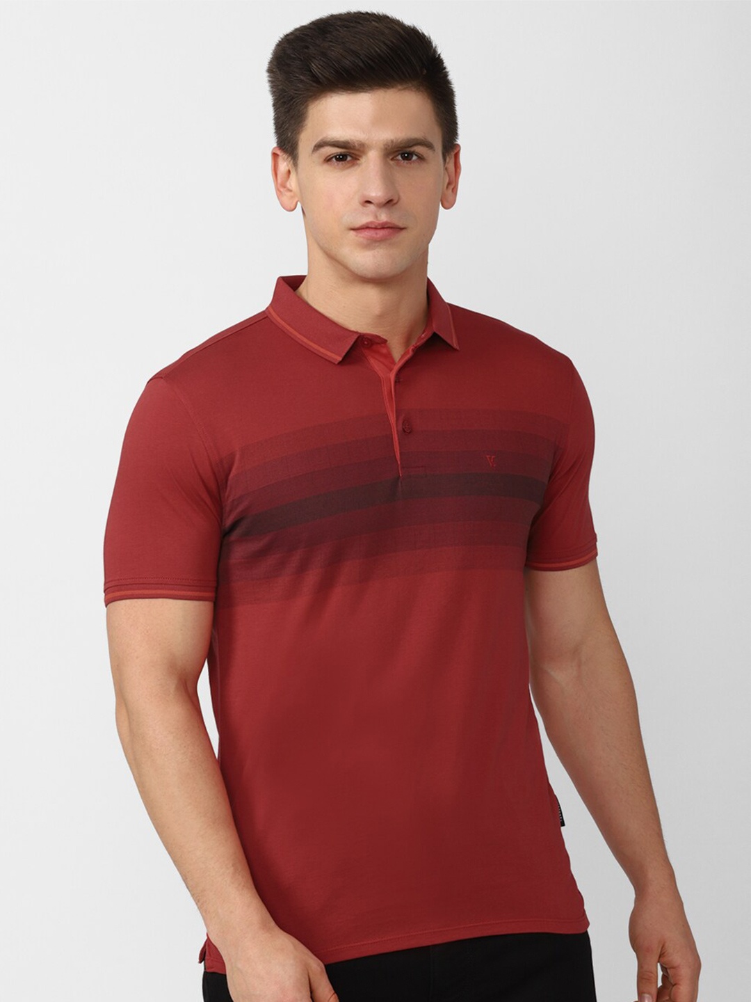 

V Dot Men Red Striped Polo Collar Slim Fit Cotton T-shirt