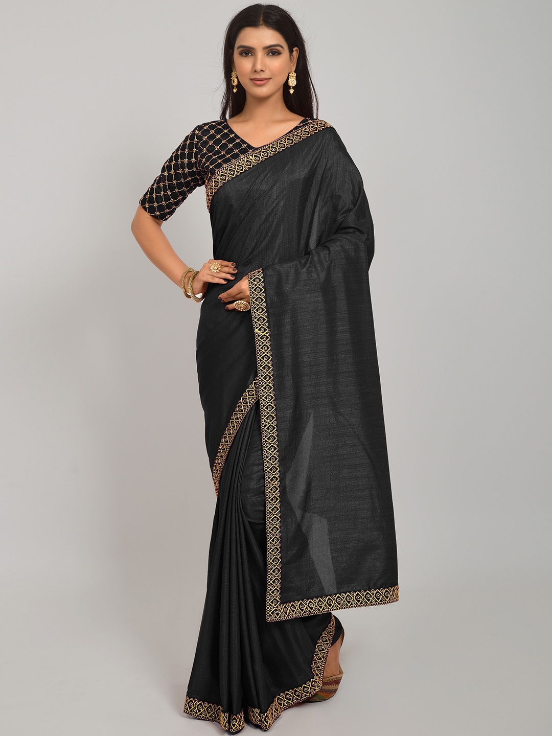 

NPLASH FASHION Black & Gold-Toned Silk Cotton Mysore Silk Saree