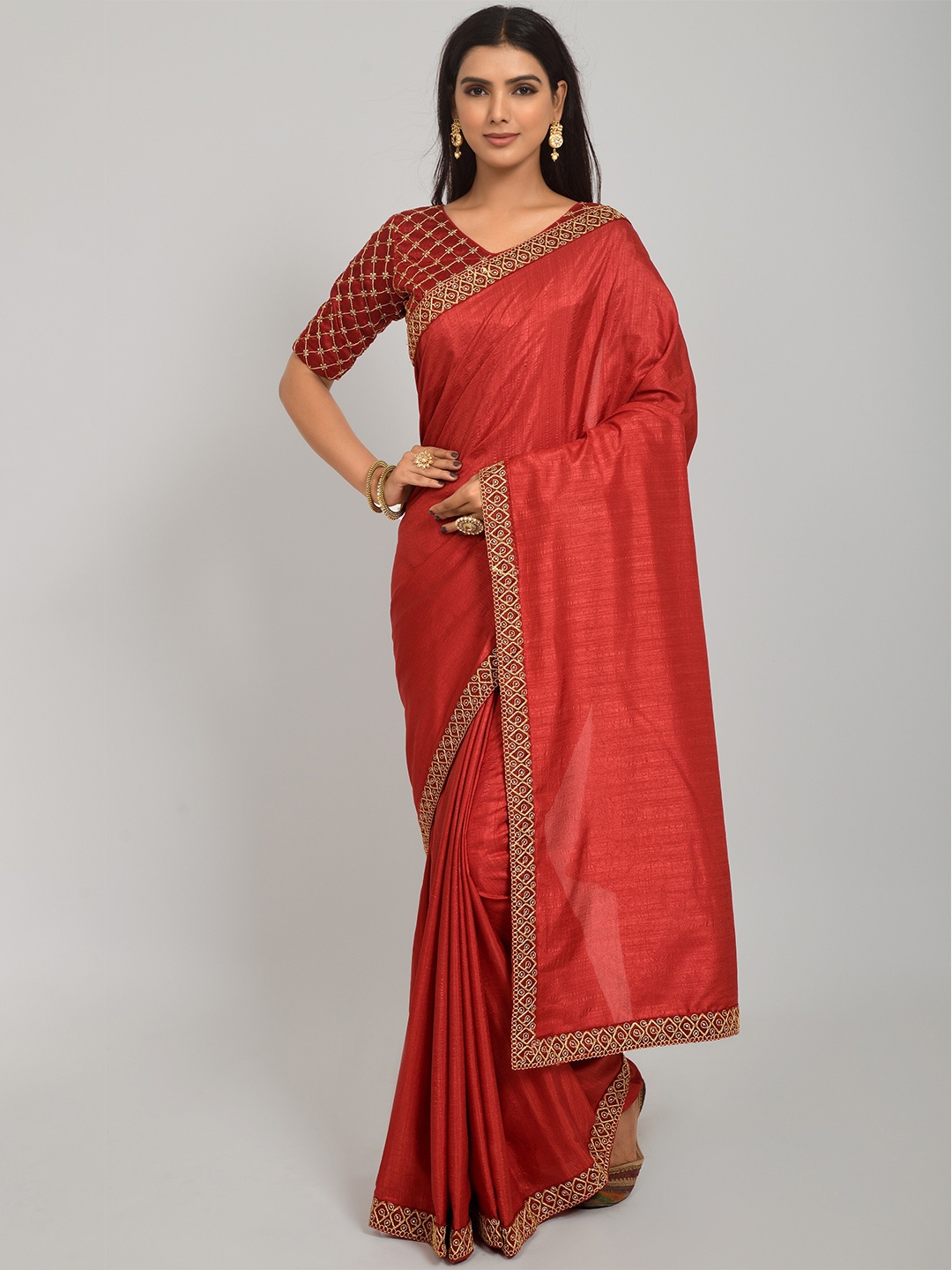 

NPLASH FASHION Maroon Ethnic Motifs Embroidered Silk Cotton Saree