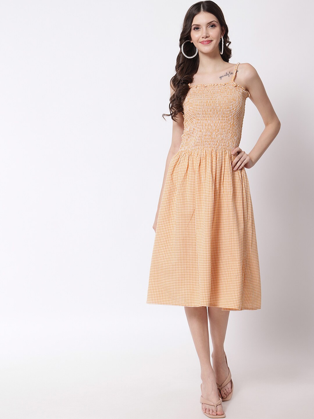 

VAANI CREATION Women Yellow Checked Cotton Midi Dress