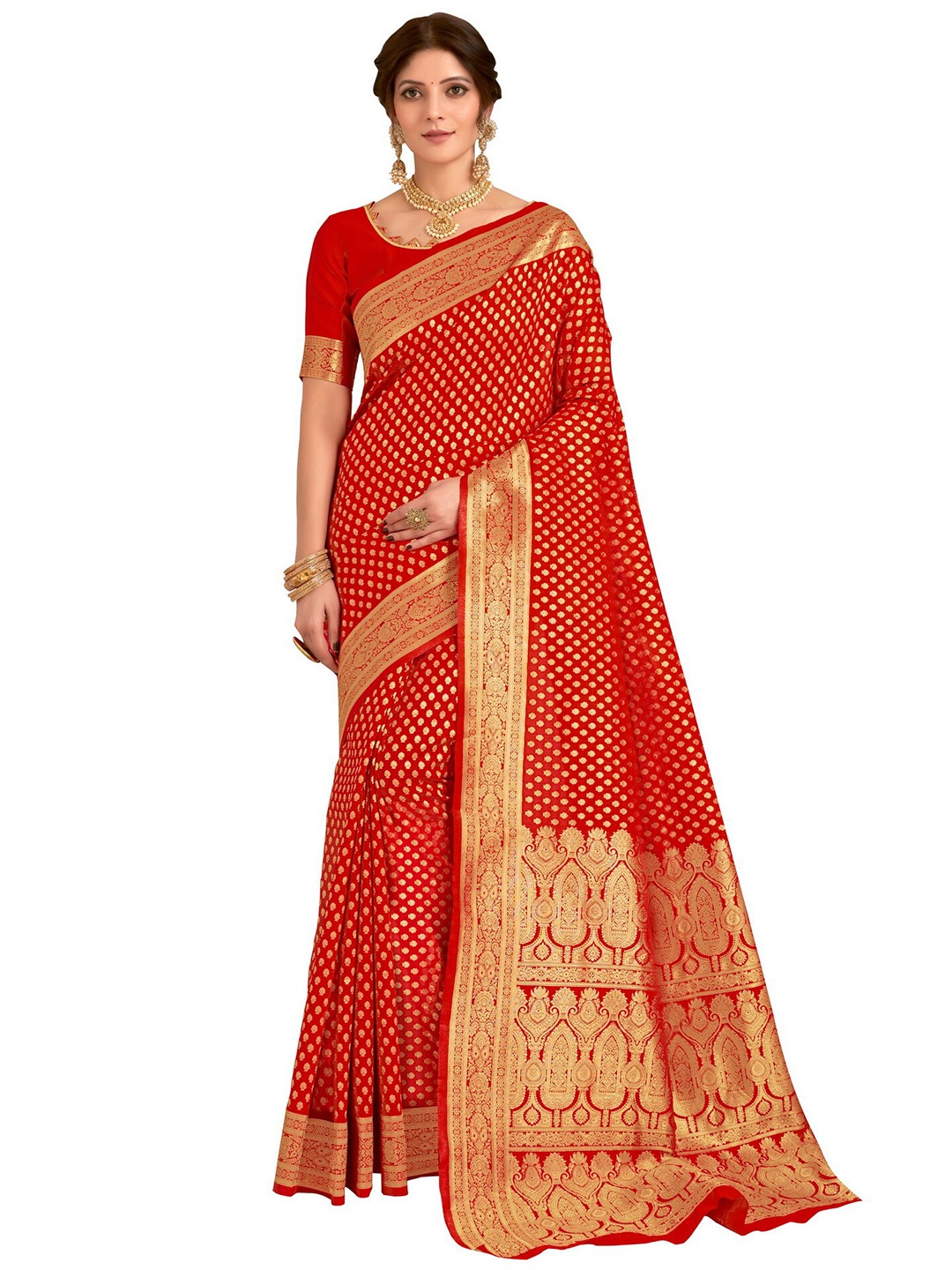 

SARIYA Red & Gold-Toned Woven Design Zari Silk Blend Banarasi Saree