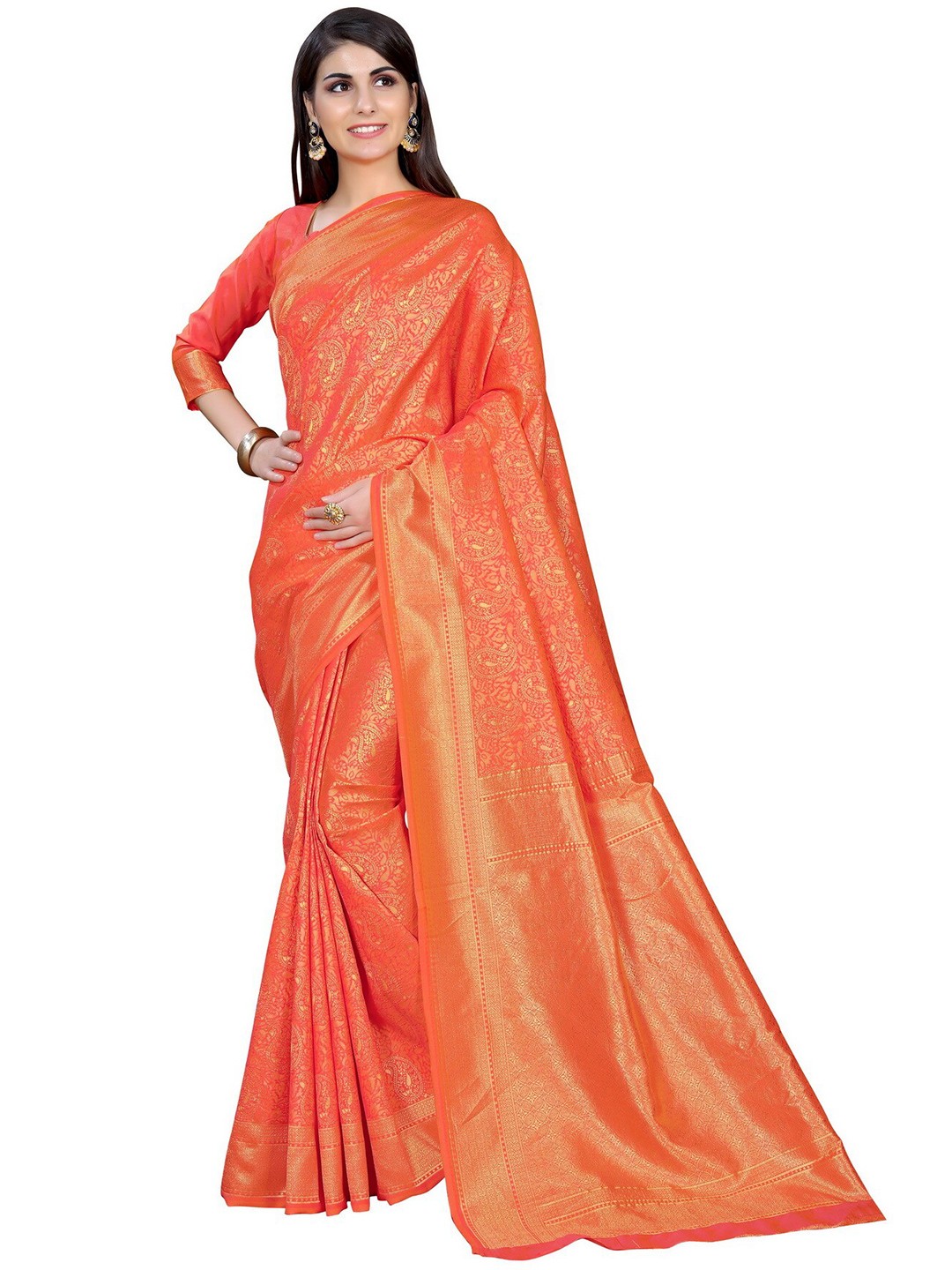 

SARIYA Orange Floral Zari Banarasi Saree