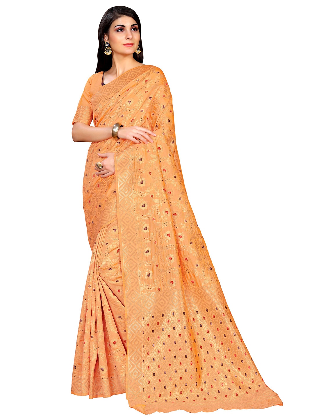 

SARIYA Orange Floral Zari Silk Blend Banarasi Saree