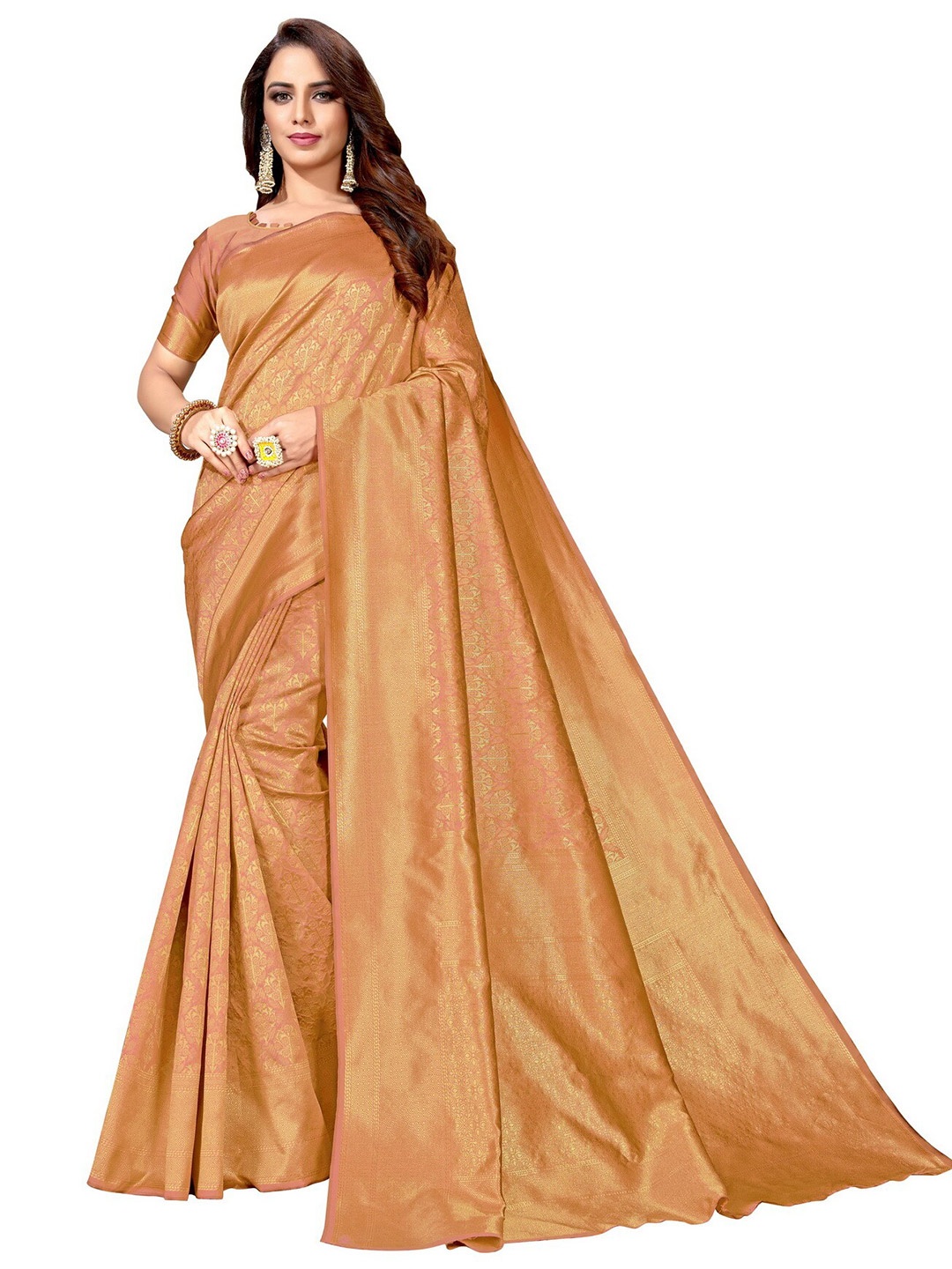 

SARIYA Copper-Toned & Gold-Toned Floral Zari Silk Blend Banarasi Saree