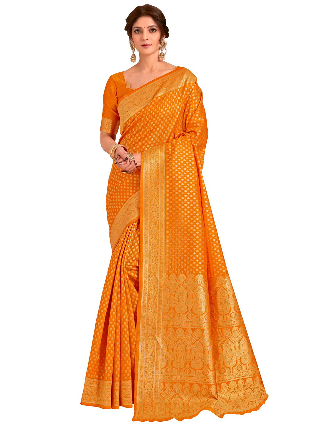 

SARIYA Orange & Gold-Toned Floral Zari Silk Blend Banarasi Saree