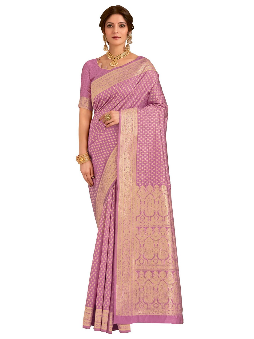 

SARIYA Peach-Coloured & Gold-Toned Floral Zari Silk Blend Banarasi Saree