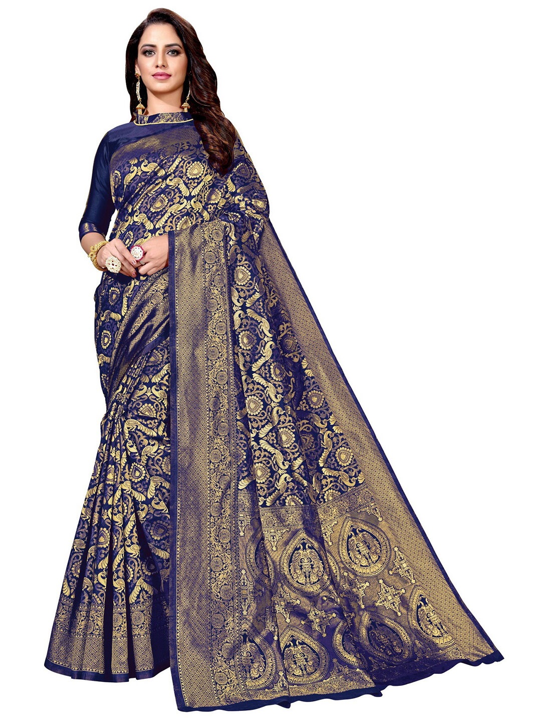

SARIYA Navy Blue & Gold-Toned Floral Zari Silk Blend Banarasi Saree