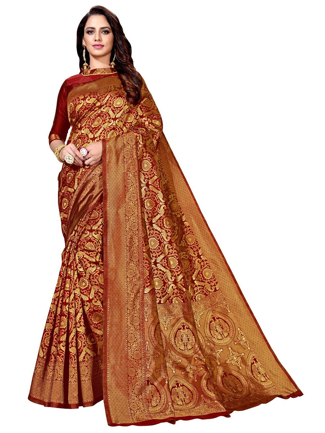

SARIYA Maroon Ethnic Motifs Zari Silk Blend Banarasi Saree