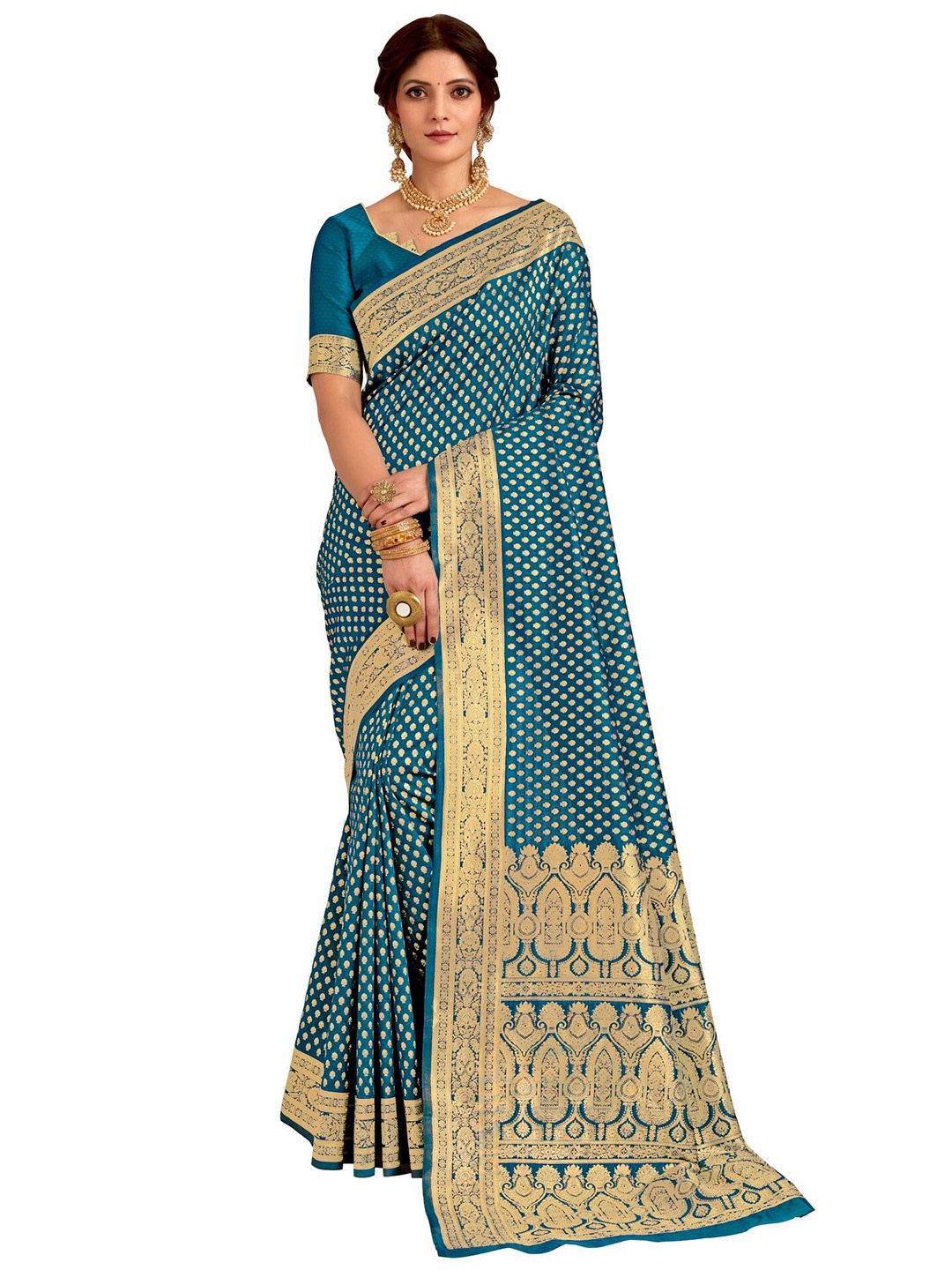 

SARIYA Teal & Gold-Toned Floral Zari Silk Blend Banarasi Saree