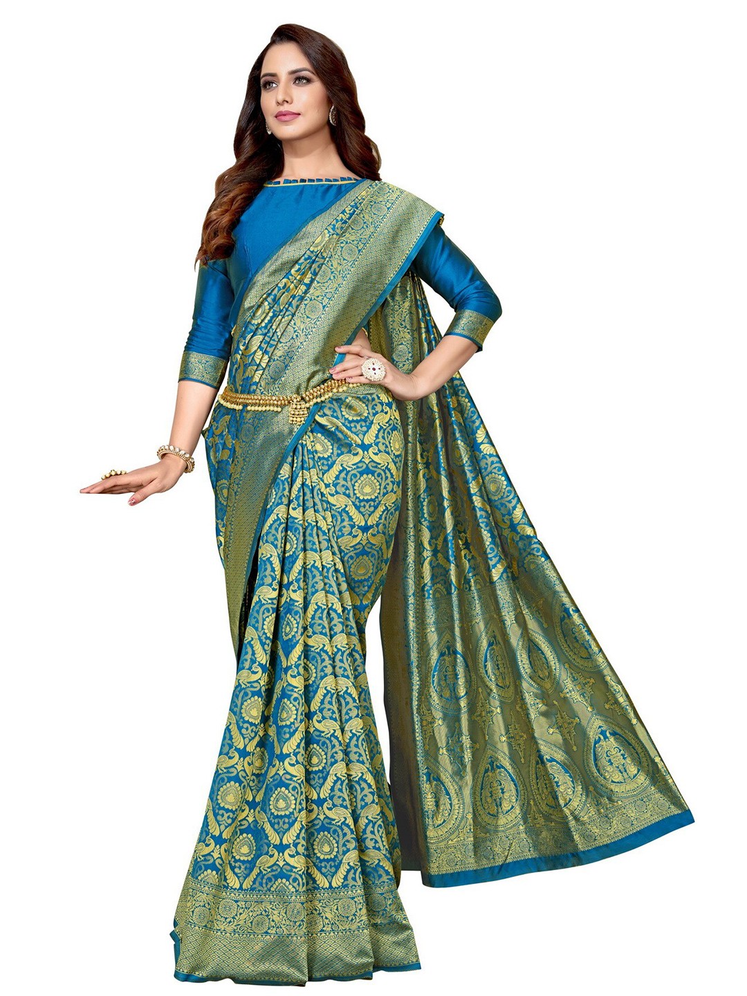 

SARIYA Turquoise Blue & Green Ethnic Motifs Zari Silk Blend Banarasi Saree