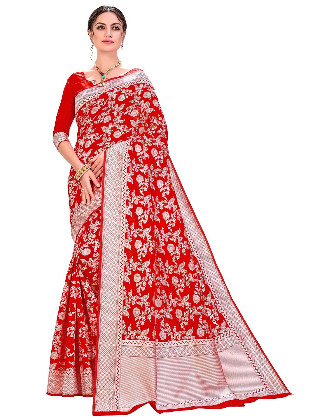 

SARIYA Red & Silver-Toned Floral Zari Silk Blend Banarasi Saree
