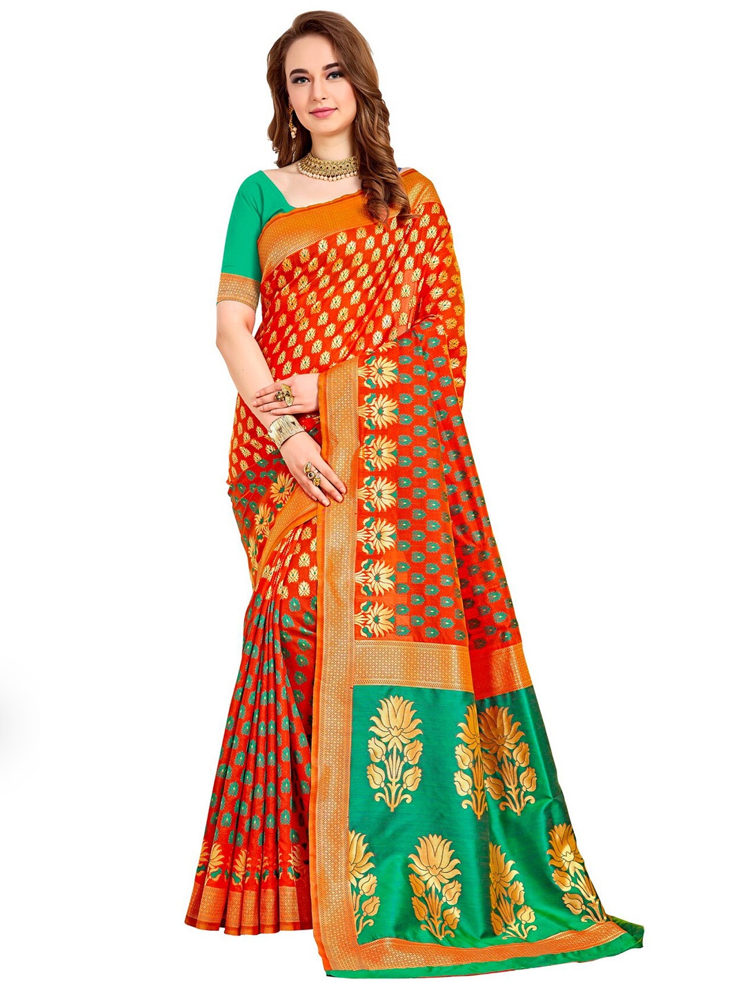

SARIYA Orange & Green Floral Zari Silk Blend Banarasi Saree