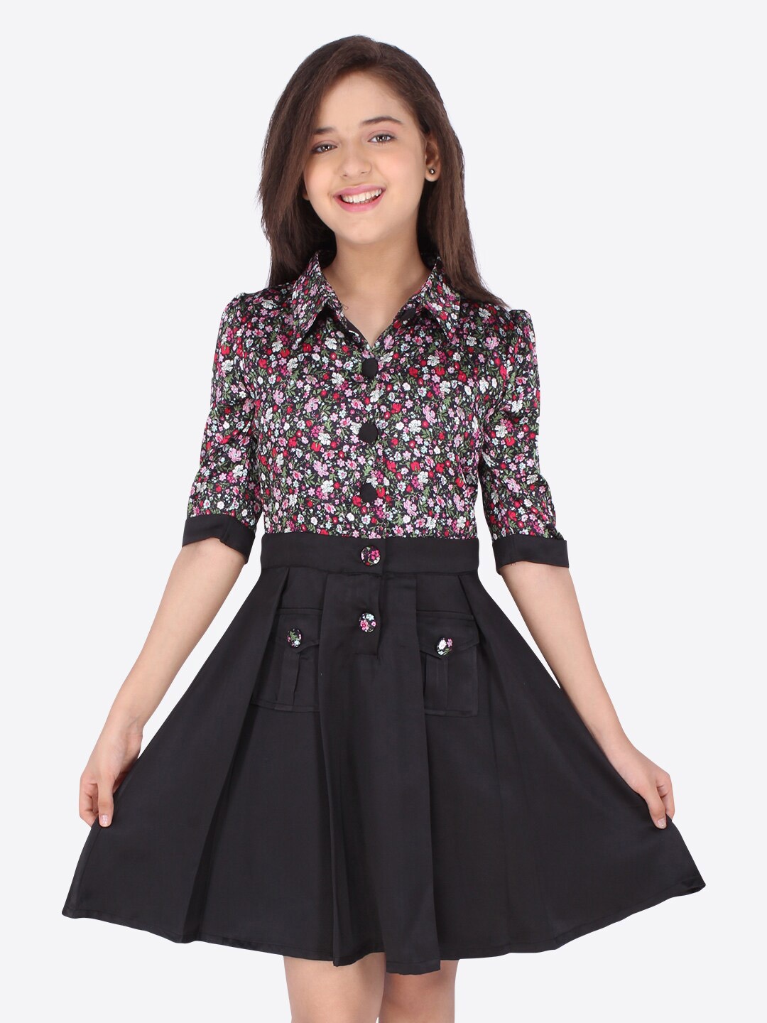 

CUTECUMBER Black Floral Satin Shirt Dress