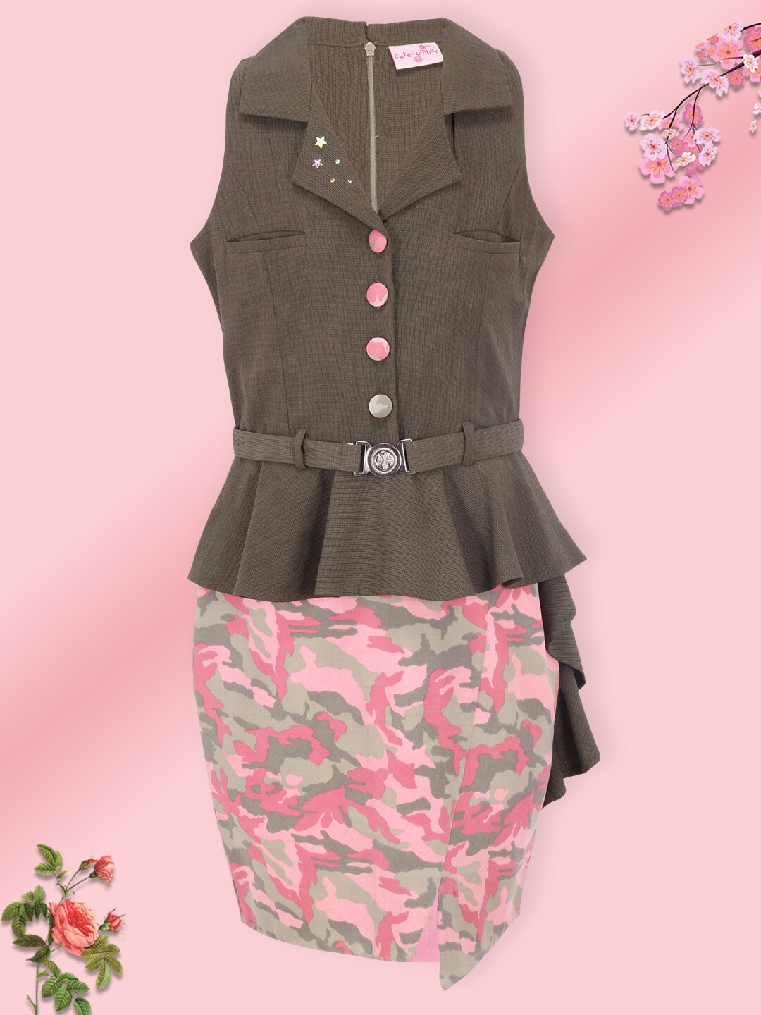 

CUTECUMBER Olive Green & Pink Jacquard Peplum Dress