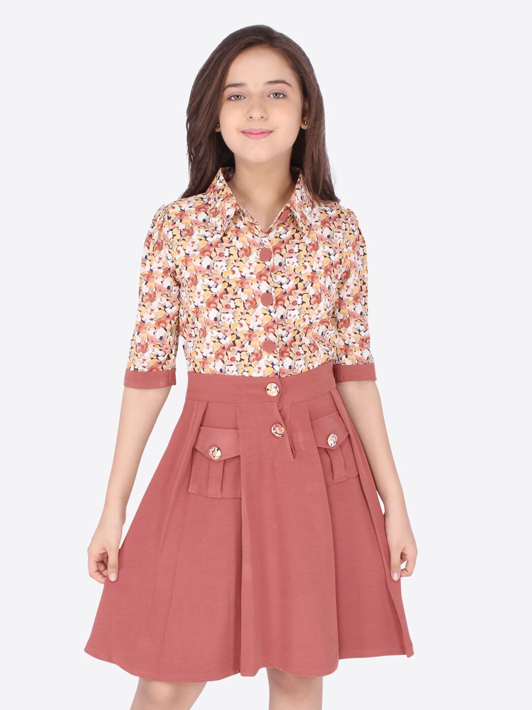 

CUTECUMBER Brown Floral Georgette Knee-Length Dress