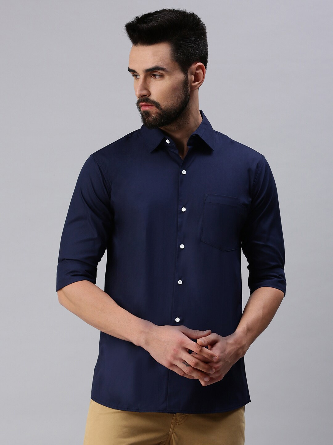 

PEPPYZONE Men Navy Blue Solid Standard Casual Shirt