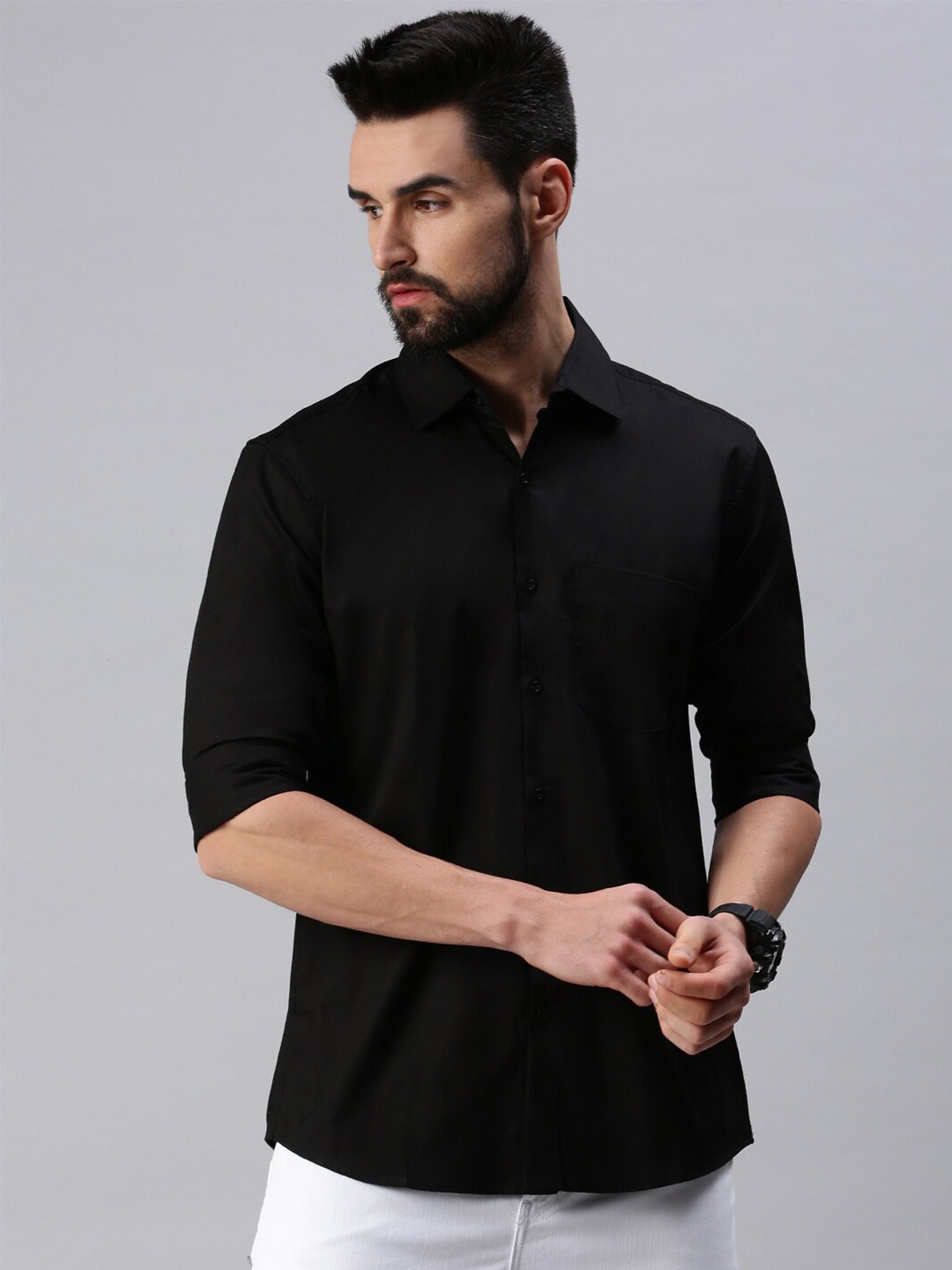 

PEPPYZONE Men Black Solid Standard Fit Casual Shirt