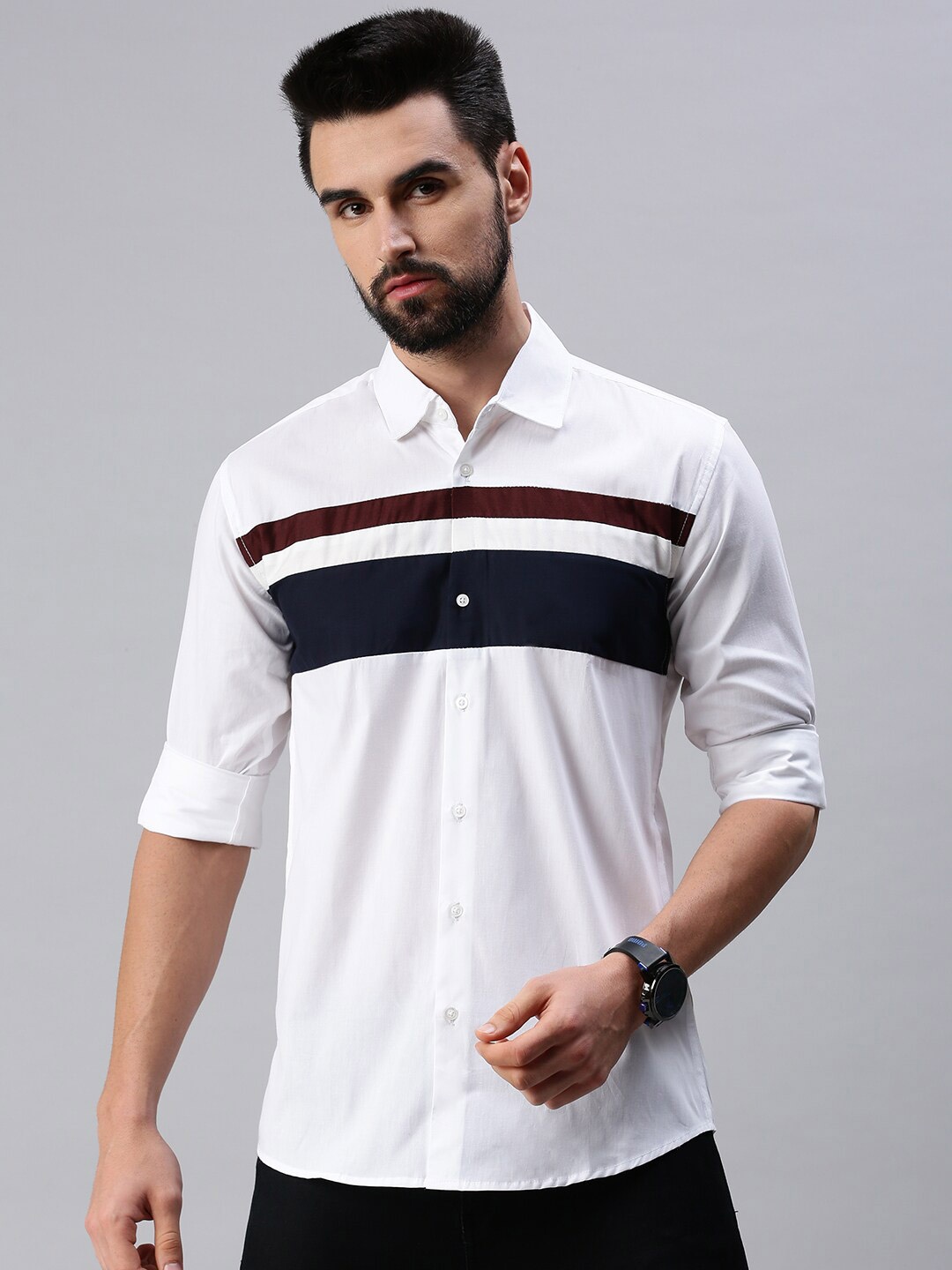 

PEPPYZONE Men White Standard Colourblocked Casual Shirt
