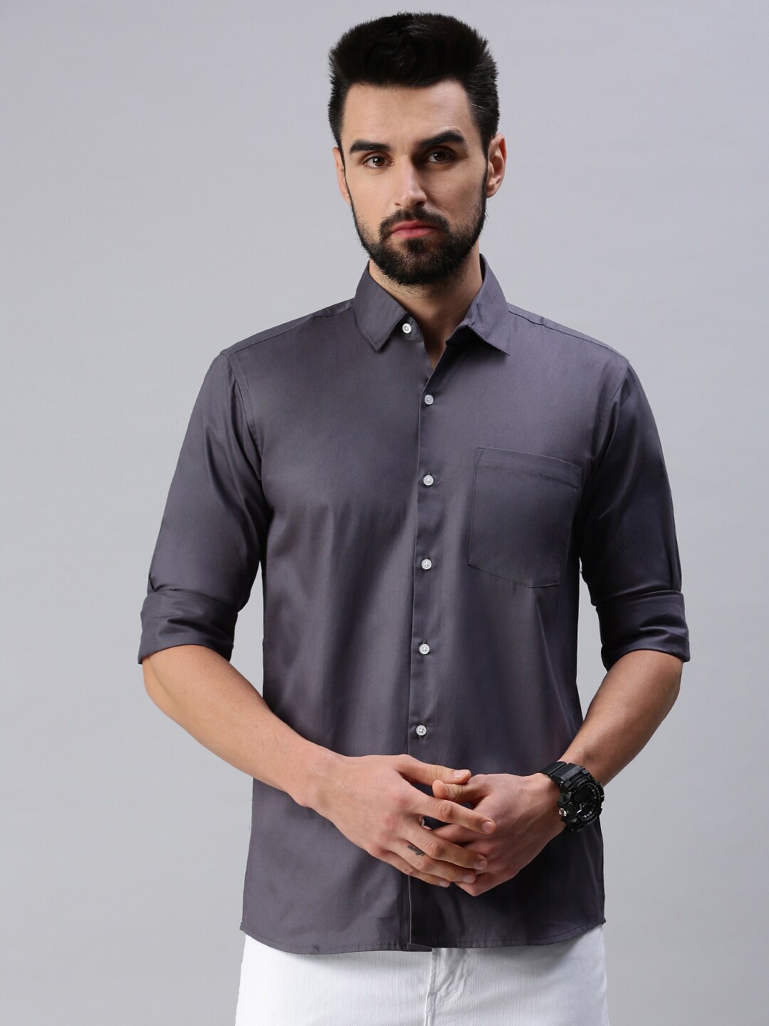 

PEPPYZONE Men Charcoal Standard Casual Cotton Shirt