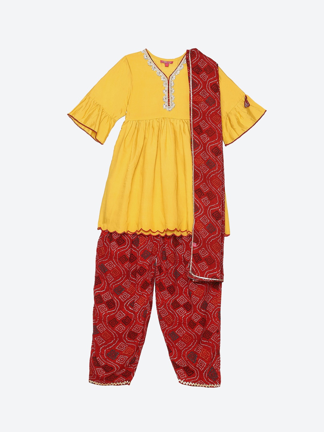 

Biba Girls Yellow Ethnic Motifs Pleated Kurti with Salwar & With Dupatta