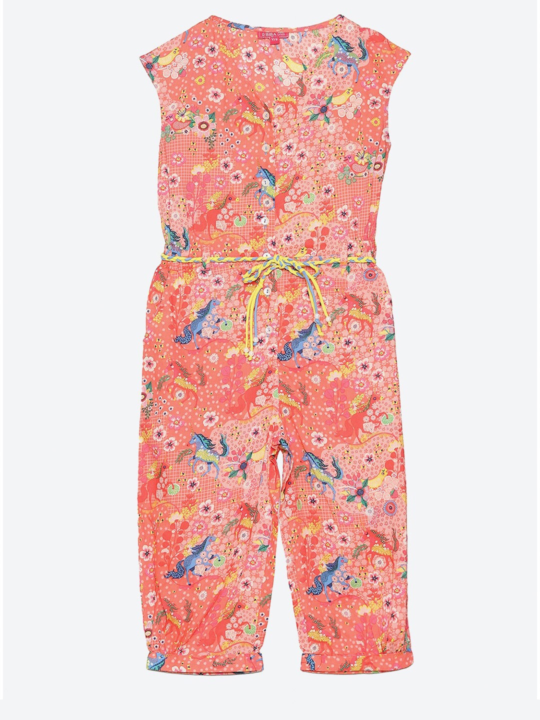 

Biba Girls Coral Orange & Mustard Printed Cotton Basic Jumpsuit