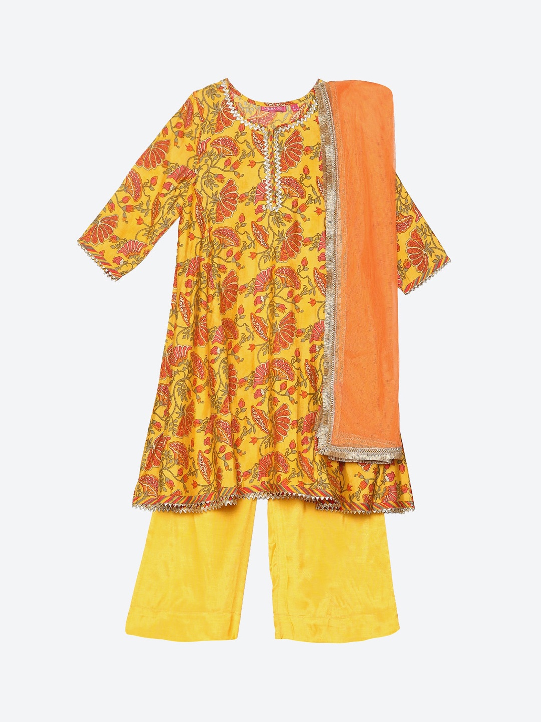 

Biba Girls Yellow Floral Printed Empire Gotta Patti Kurta with Sharara & With Dupatta