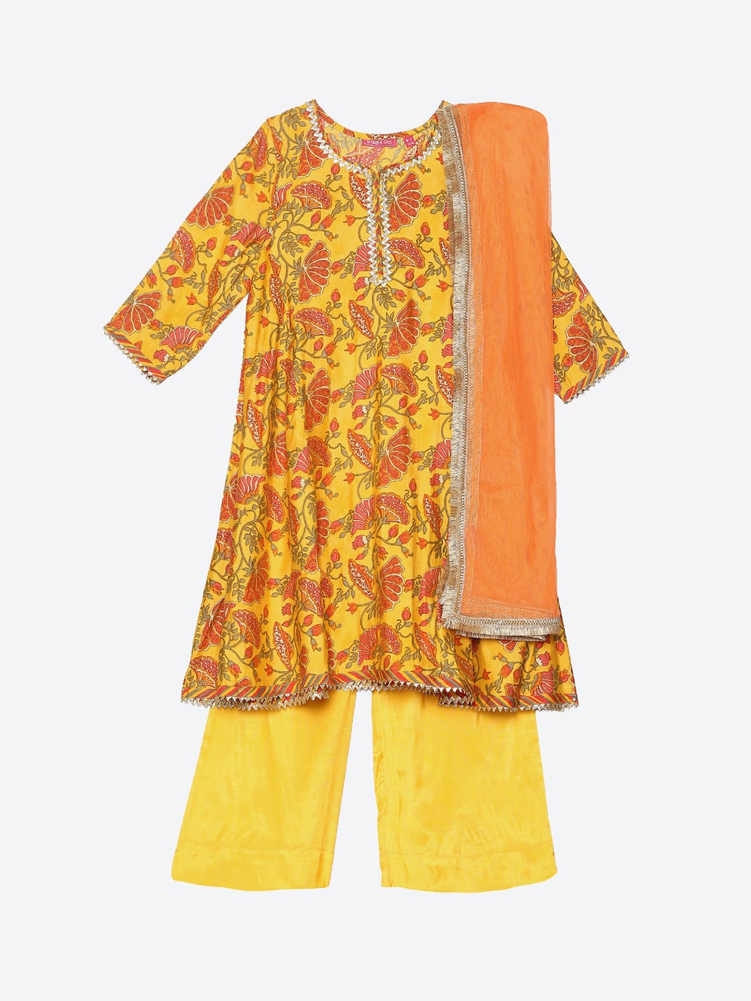 

Biba Girls Yellow Floral Printed Pleated Kurti with Sharara & With Dupatta