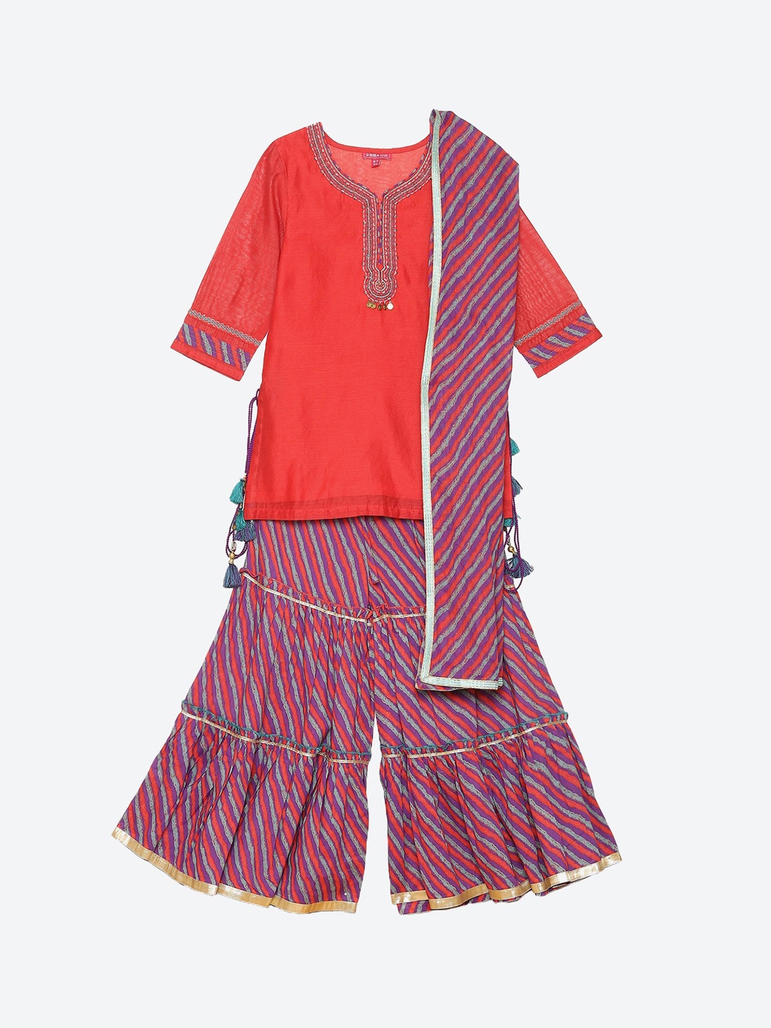 

Biba Girls Red Striped Kurta with Palazzos & With Dupatta