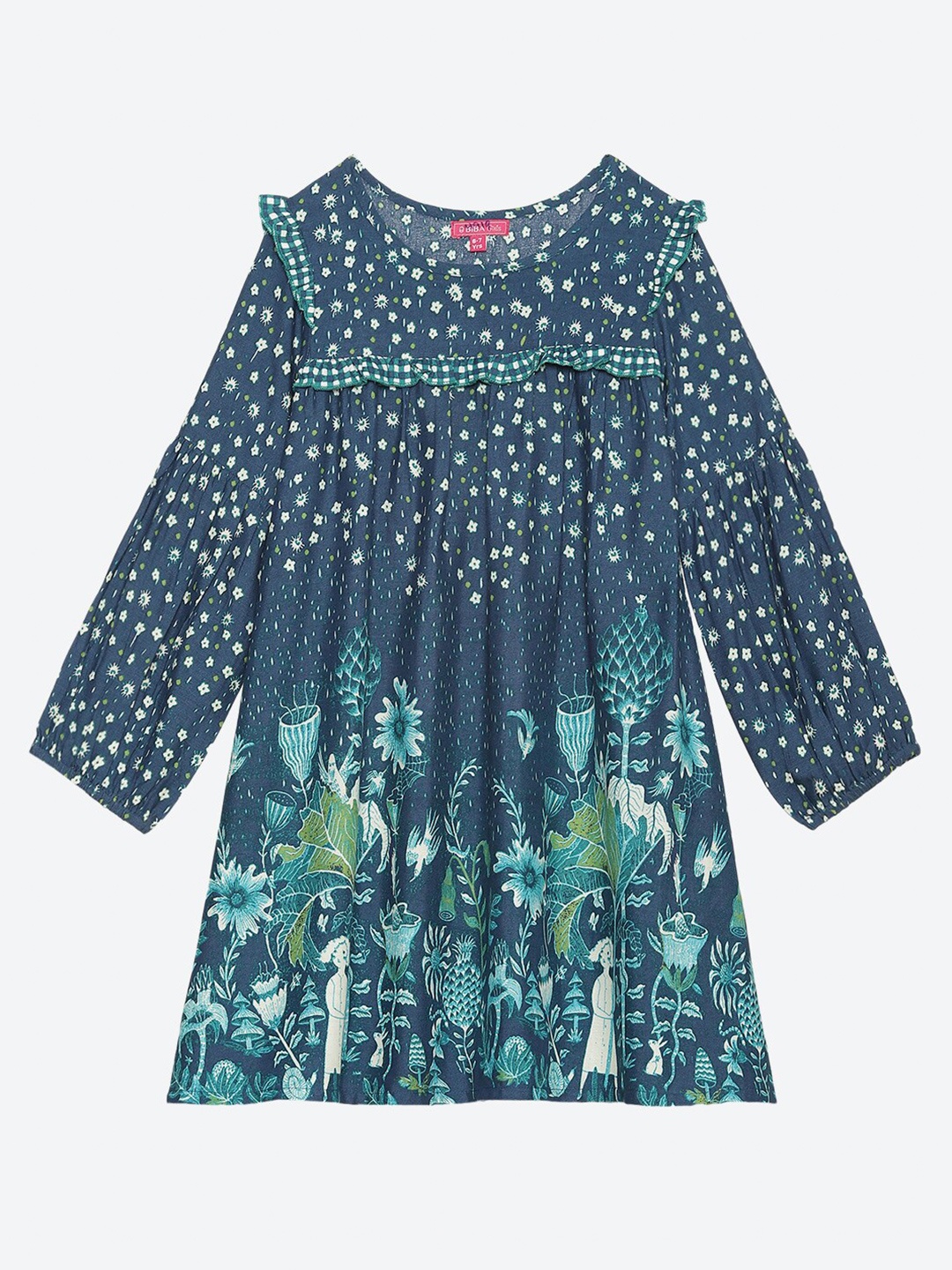 

Biba Girls Blue & Green Floral A-Line Dress Comes With a Hairband