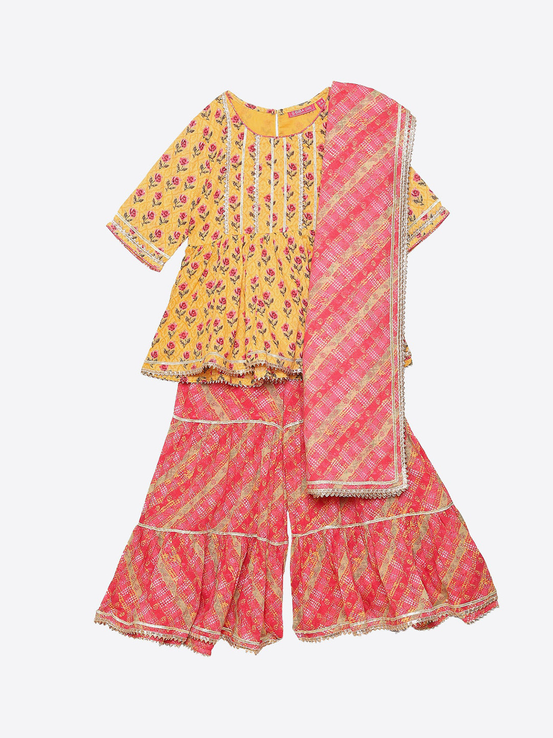 

Biba Girls Yellow Floral Printed Kurti with Sharara & With Dupatta