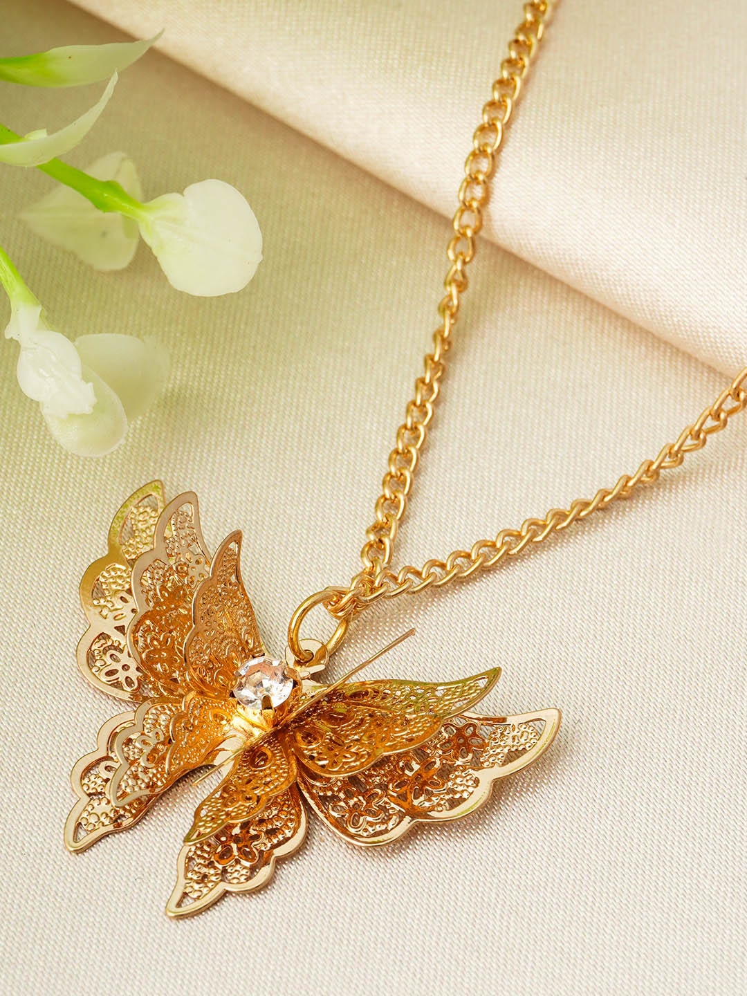 

Emmie Gold-Toned & White Stones-Studded & Beaded Butterfly Chain Pendant