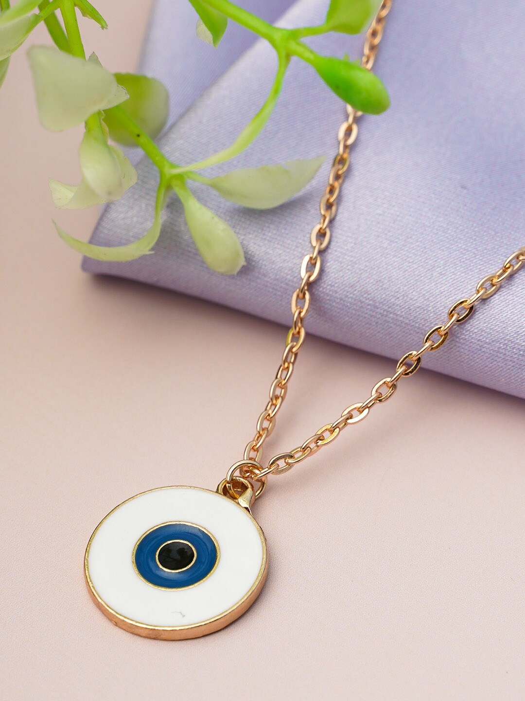 

Emmie Gold-Toned & White Artificial Stone Studded Disk Evil Eye Pendant With Chain