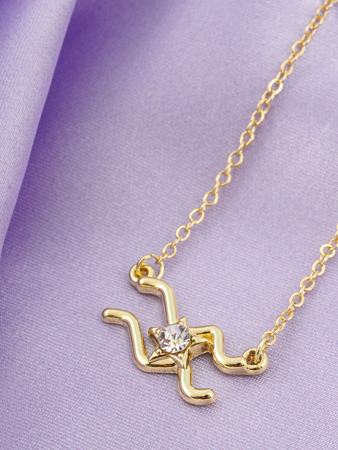 

Emmie Gold-Toned Stone Studded Pendant Aquarius With Chain Necklace