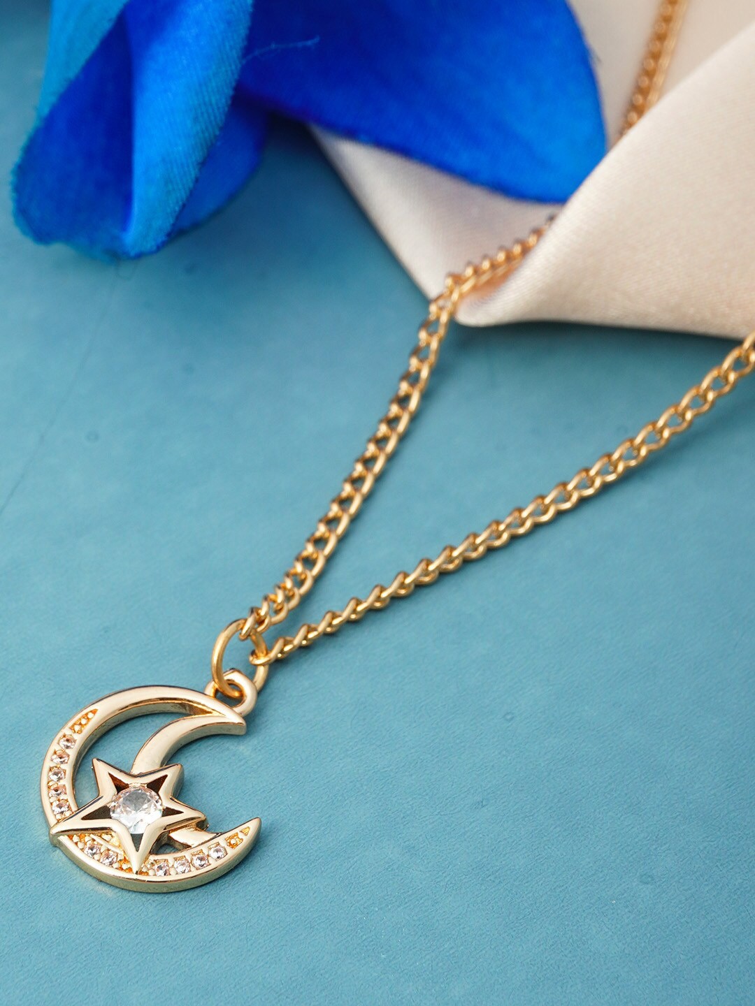 

Emmie Gold-Toned & White Stone-Studded & Starry Moon Charm Pendant With Chain