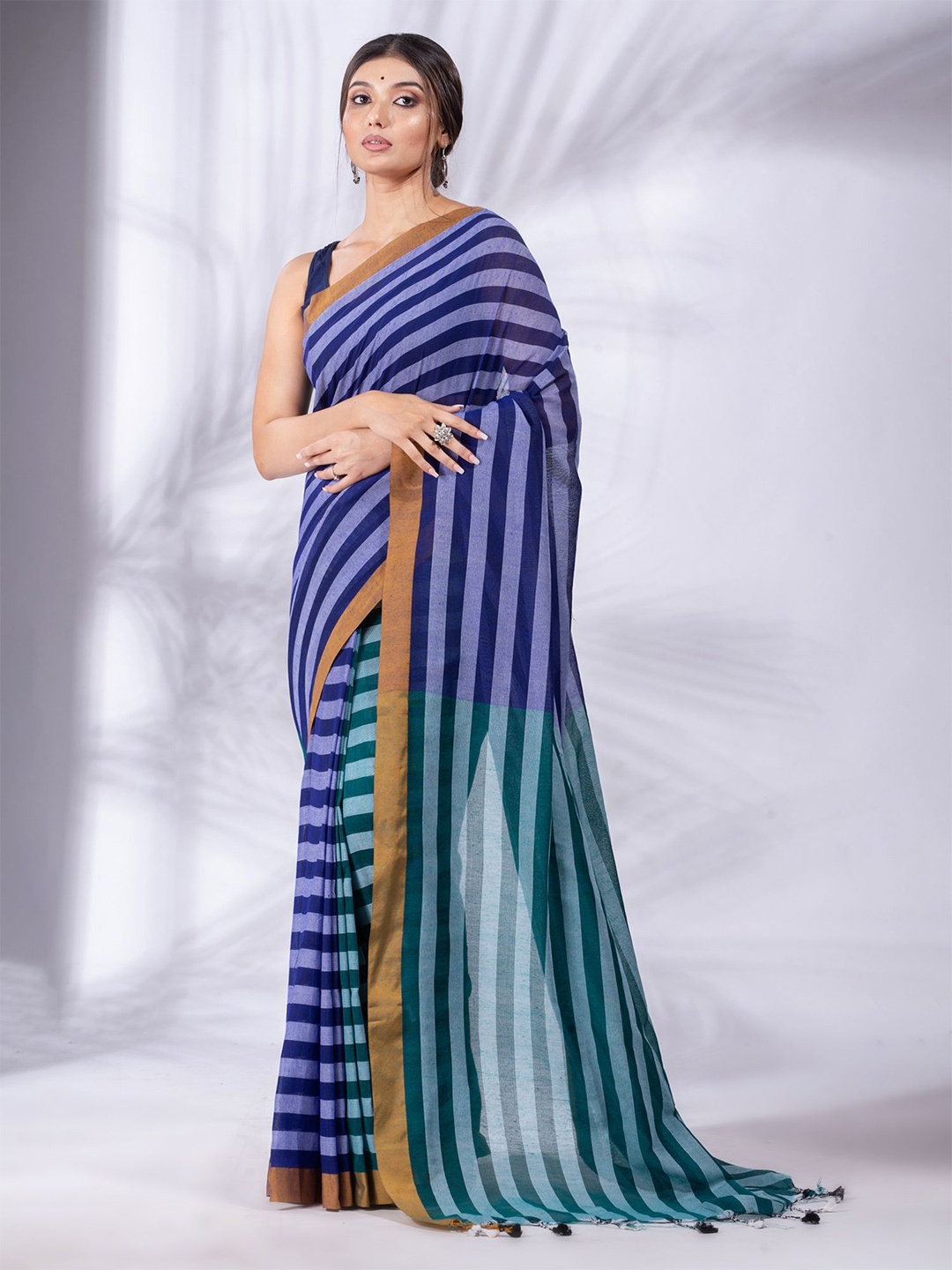 

Charukriti Blue & Green Striped Pure Cotton Saree