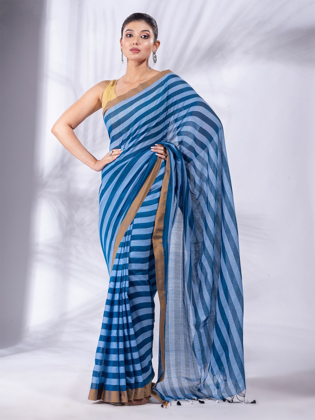 

Charukriti Blue Striped Pure Cotton Saree