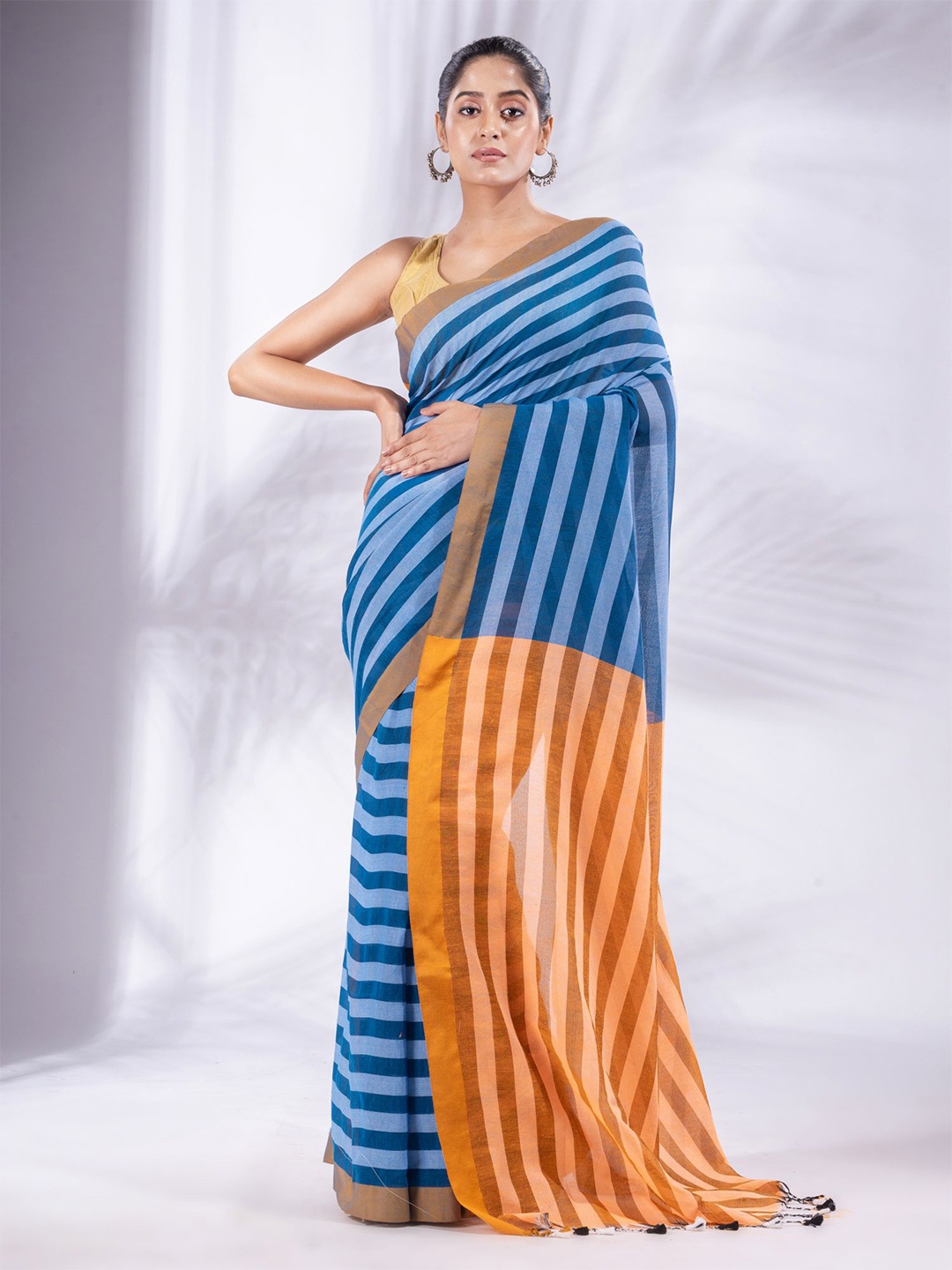 

Charukriti Blue & Yellow Woven Design Zari Pure Cotton Saree