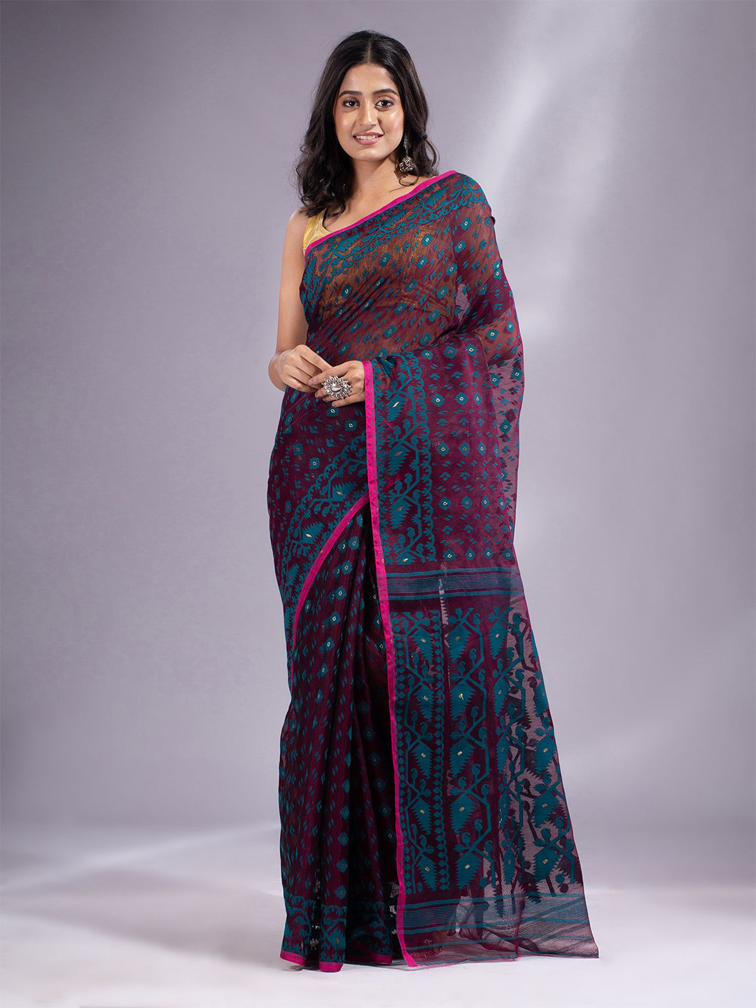 

Charukriti Purple & Blue Woven Design Zari Silk Cotton Jamdani Saree