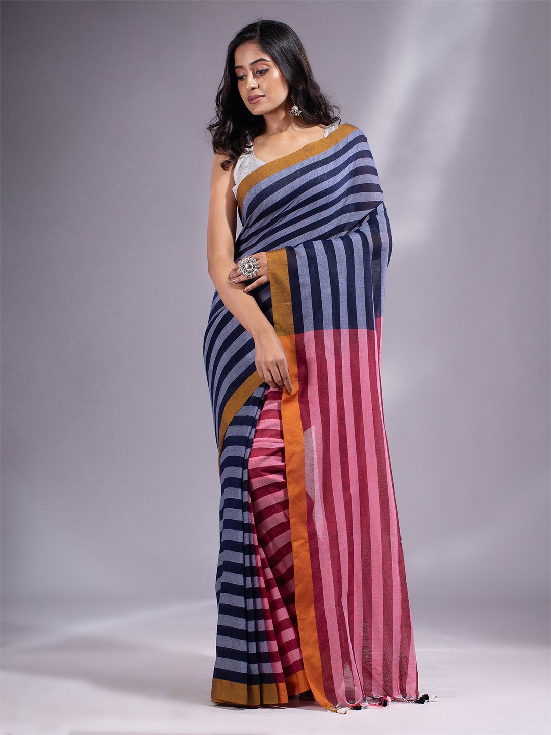 

Charukriti Black & Red Striped Pure Cotton Saree