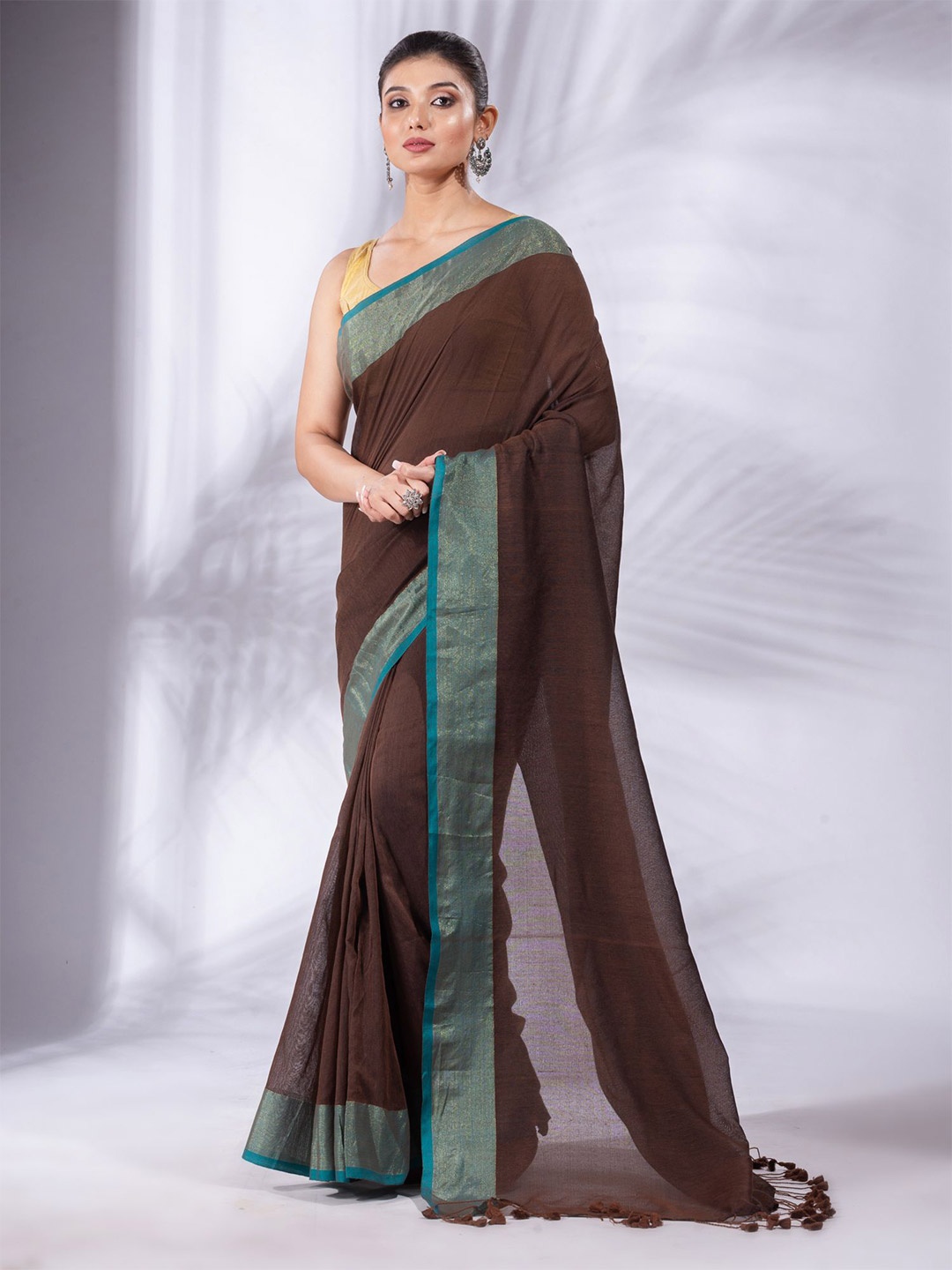 

Charukriti Brown & Turquoise Blue Woven Design Pure Cotton Saree