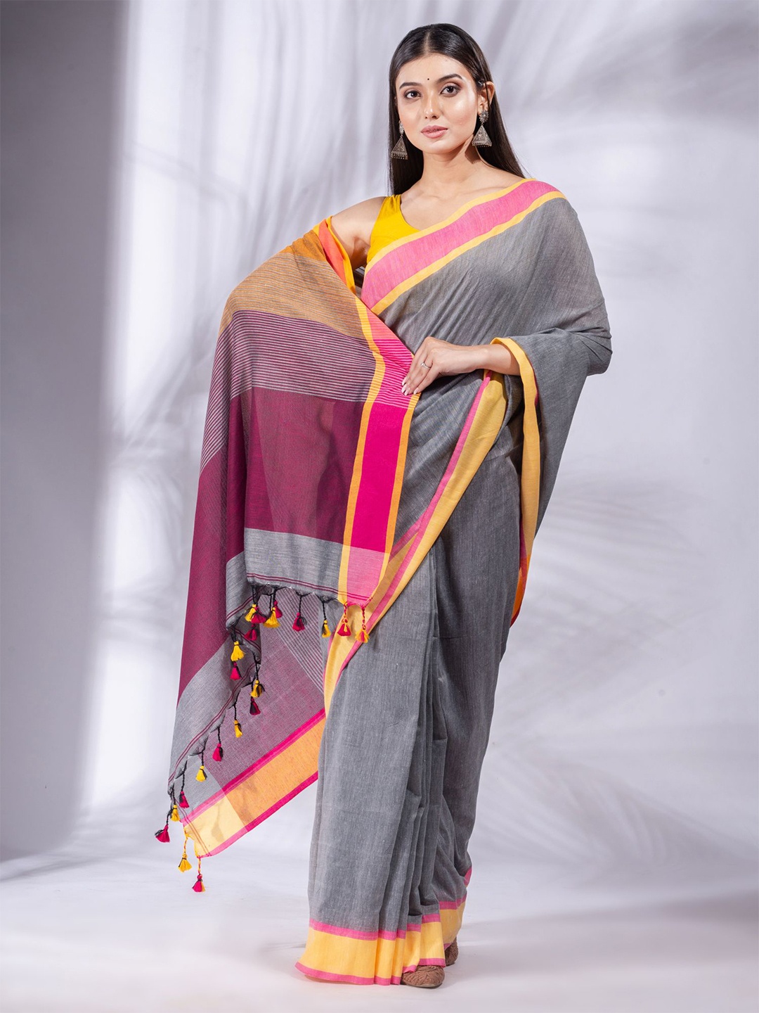 

Charukriti Grey & Orange Woven Design Pure Cotton Saree