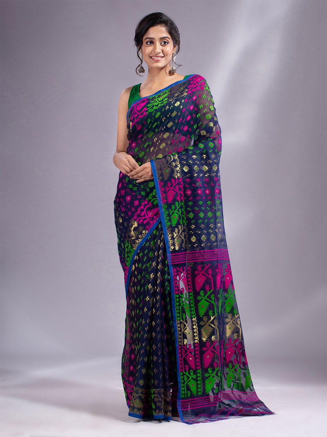 

Charukriti women Blue & Green Woven Design Silk Cotton Jamdani Saree