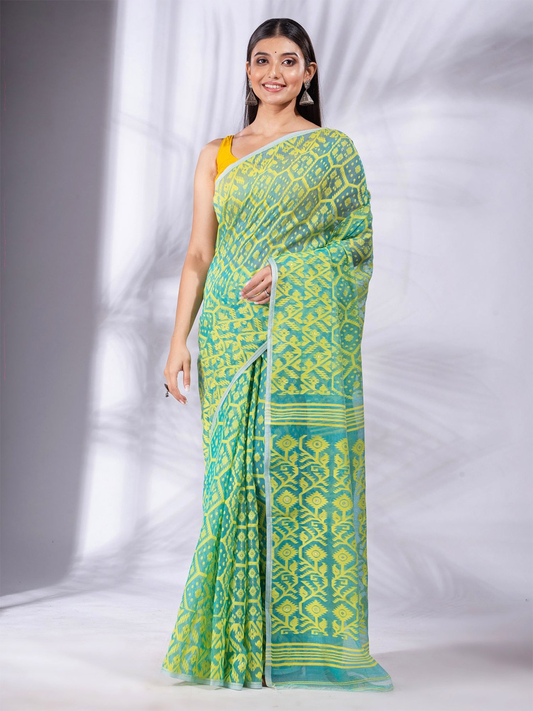 

Charukriti Blue & Yellow Woven Design Silk Cotton Jamdani Saree
