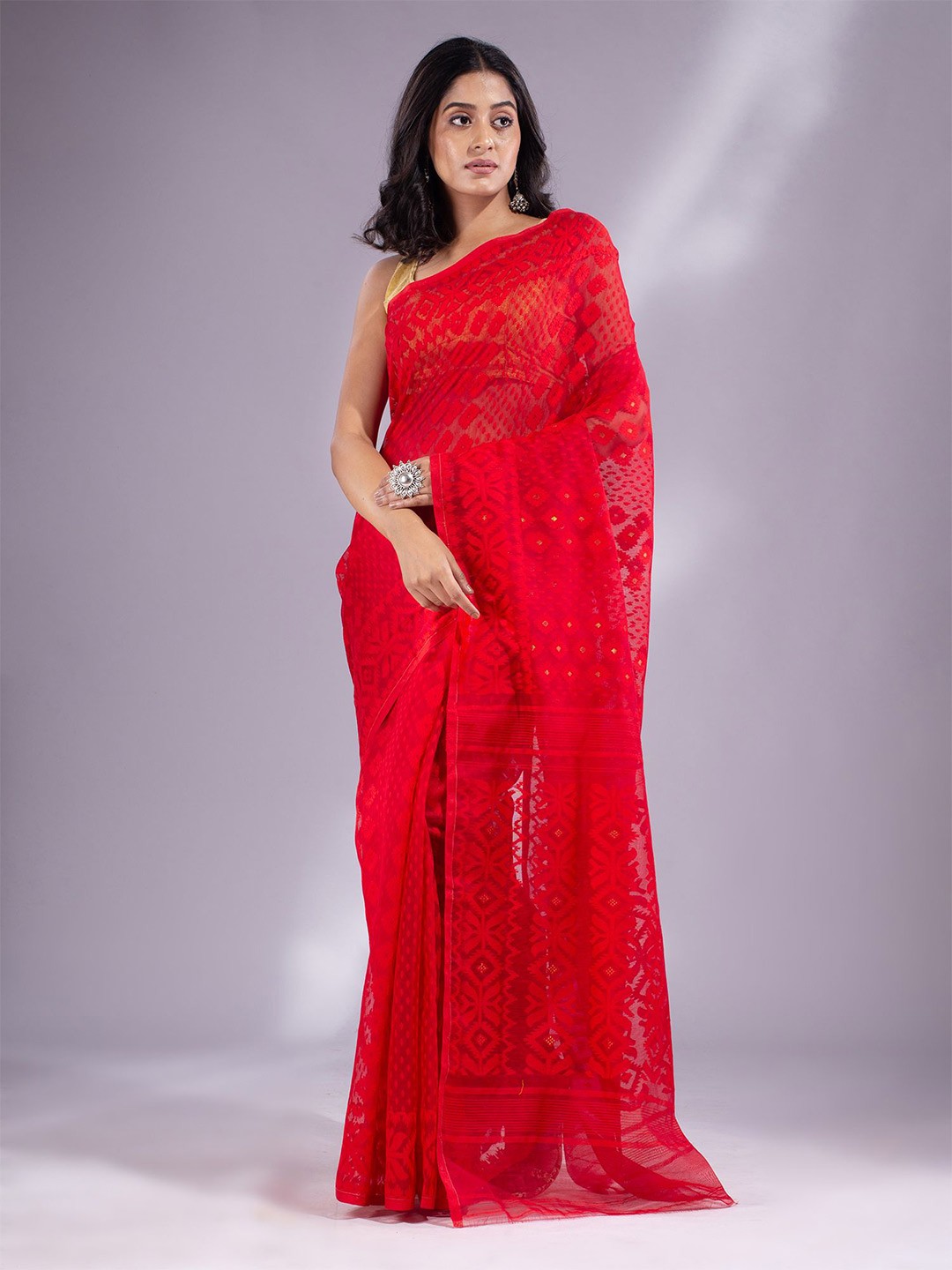 

Charukriti Red Woven Design Silk Cotton Jamdani Saree