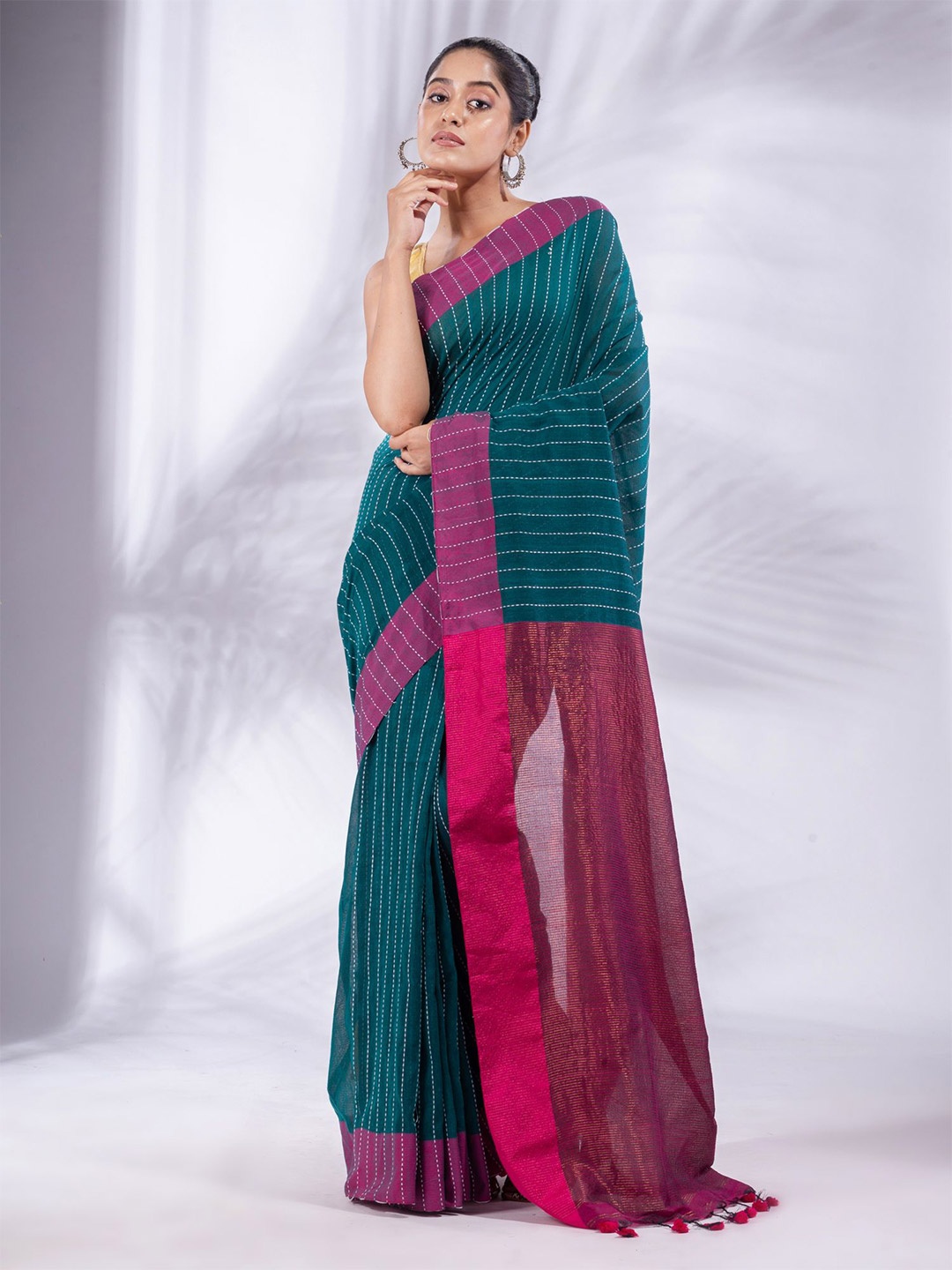 

Charukriti Teal & Pink Woven Design Pure Cotton Saree