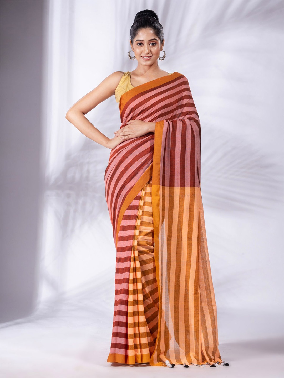 

Charukriti Maroon & Brown Striped Pure Cotton Saree