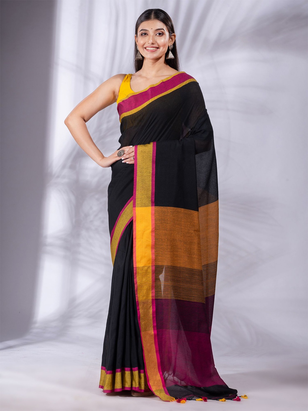 

Charukriti Black & Pink Woven Design Pure Cotton Saree