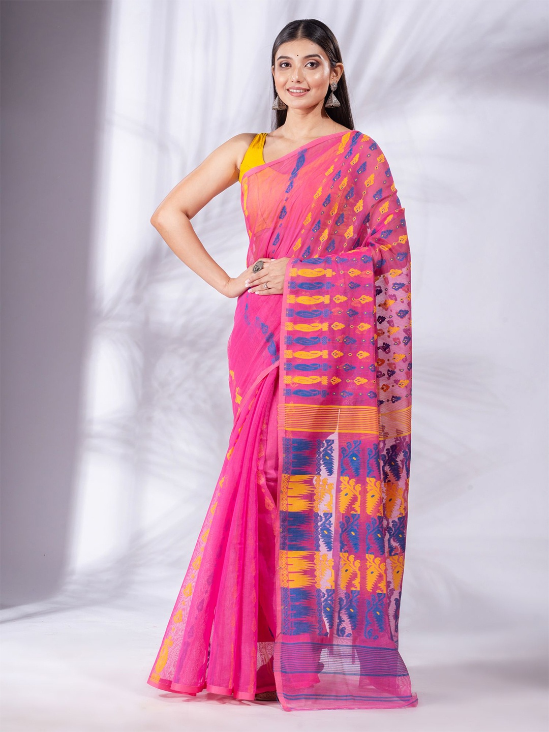 

Charukriti Pink & Blue Woven Design Silk Cotton Jamdani Saree