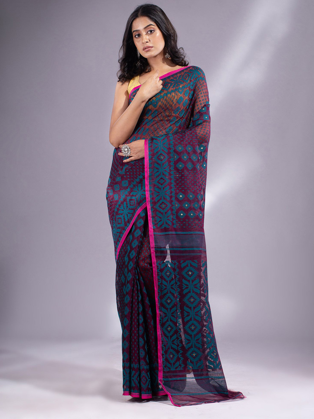 

Charukriti Women Purple & Blue Woven Design Silk Cotton Jamdani Saree